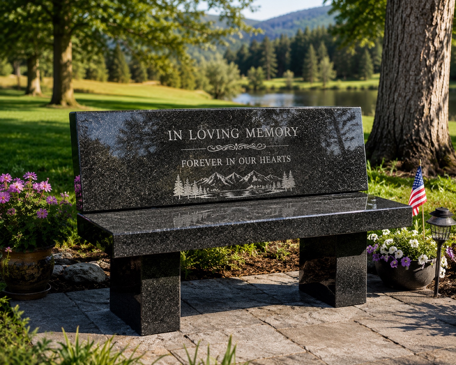 A granite memorial bench above a lake — In Loving Memory, Forever in Our Hearts